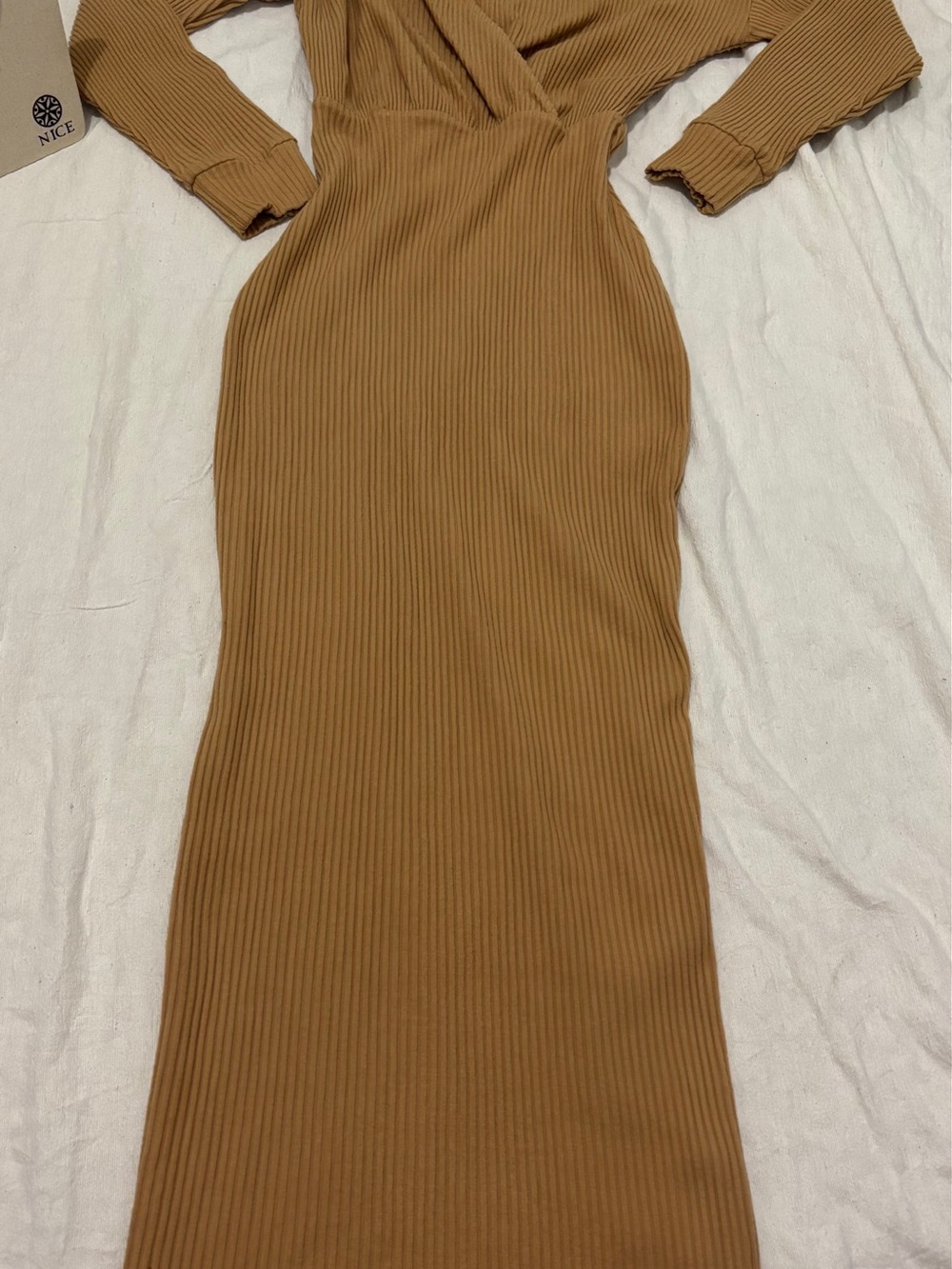 ASOS Ribbed Long-Sleeve Wrap-Front Maxi Dress in Camel Brown - Picture 2 of 7